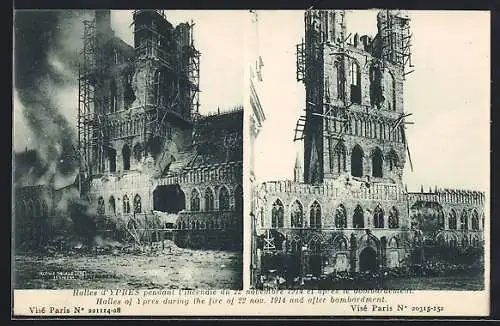 AK Ypres, Halles pendant l`incendie et après le bombardement