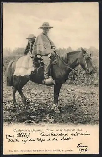 AK Chile, Costumbres chilenos, Huaso con su mujer al anca