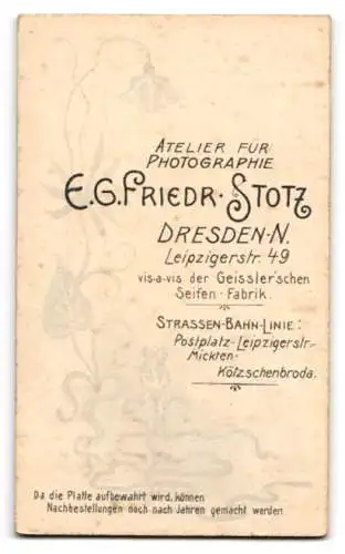 Fotografie E. G. Friedr. Stotz, Dresden, Leipzigerstr. 49, Junge Dame im eleganten Kleid mit Blume