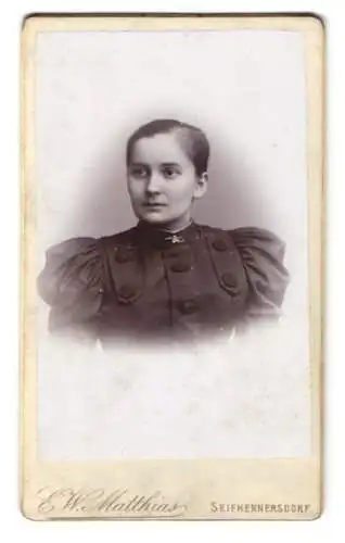 Fotografie E. W. Matthias, Seifhennersdorf, Junge Frau in elegantem Kleid mit Brosche