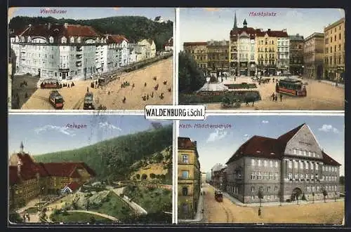 AK Waldenburg i. Schl., Ortsansichten Kath. Mädchenschule, Anlagen, Marktplatz