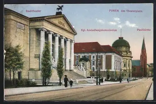 AK Posen, Theaterplatz mit Stadttheater, Kgl. Ansiedlungskommission und Paulikirche