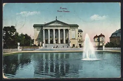 AK Posen / Poznan, Springbrunnen vor dem neuen Theater