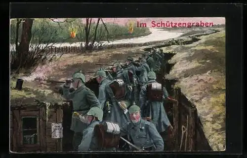 AK Soldaten im Schützengraben zielen mit Gewehren auf Feinde