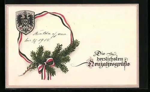 AK Die besten Neujahrsgrüsse, Tannenzweig mit Band & Wappen