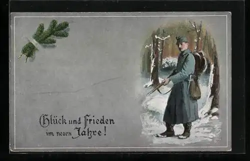 AK Soldat in Uniform mit Gewehr im verschneiten Wald, Neujahrskarte