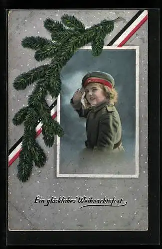 AK Kleines Mädchen salutiert in Uniform, Weihnachtskarte