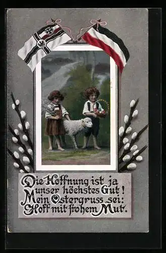 AK Junge und Mädchen mit einem Lamm und Ostereiern, Passepartout mit Reichs- und Reichskriegsflagge, Osterkarte