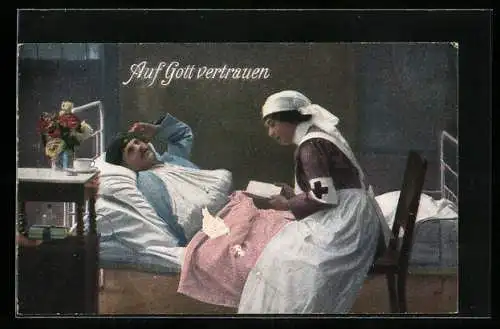 AK Auf Gott vertrauen, Schwester liest schwerverletztem Soldaten aus der Bibel vor, Rotes Kreuz