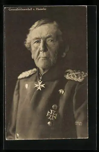 AK Heerführer, Portrait Generalfeldmarschall von Haeseler in Uniform mit Orden Pour le Merite & Eisernes Kreuz