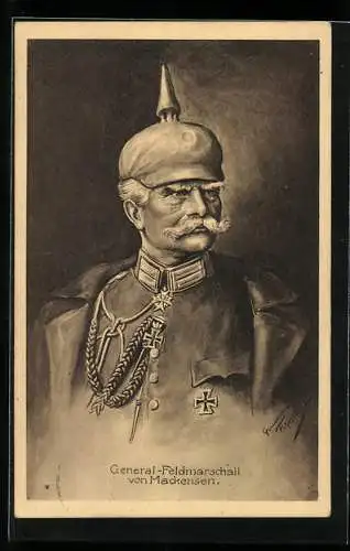 Künstler-AK Kaskeline: Heerführer General-Feldmarschall von Mackensen, Uniform Portrait m. Pickelhaube und Orden