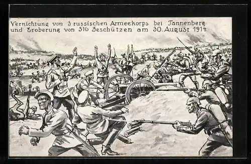 Künstler-AK Tannenberg, Vernichtung von 3 russischen Armeekorps und Eroberung von 516 Geschützen am 30.08.1914