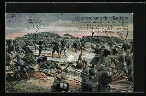 Künstler-AK Gent, Überraschung einer Batterie der verbündeten Engländer und Belgier, Schlachtszene