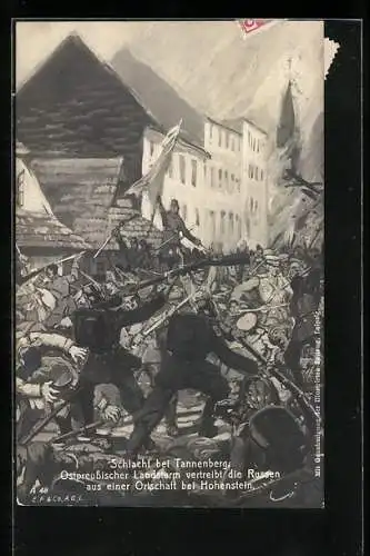 Künstler-AK Schlacht bei Tannenberg, Ostpreussischer Landsturm vertreibt die Russen aus einer Ortschaft bei Hohenstein