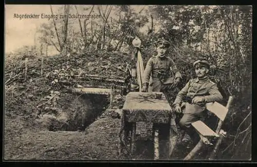 AK Abgedeckter Eingang zum Schützengraben, Offiziere mit Feldstecher