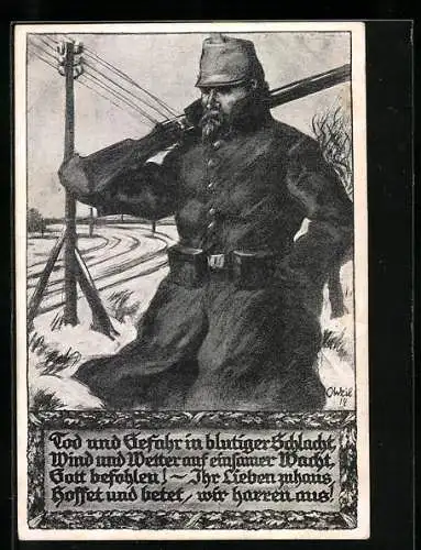 Künstler-AK O. Weil, Hamburger Opfertag, 1.11.1915, Wachsoldat im Winter, Tod und Gefahr in blutiger Schlacht...