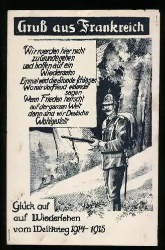 Künstler-AK Soldat in Uniform mit Pickelhaube im französischen Wald