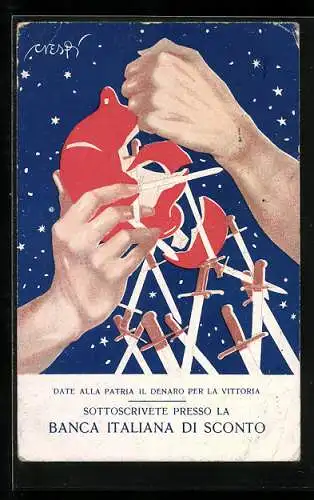 AK Faust zerschlägt rote Glocke, Schwerter fallen heraus, Kriegsanleihe der Banca Italiana di Sconto