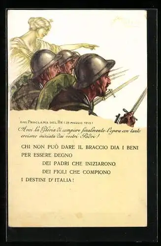 Künstler-AK sign. Aldo Mazza: Kriegsanleihe, Soldaten mit Bajonett, Heilige gibt Weisungen