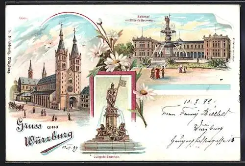 Lithographie Würzburg, Bahnhof mit Kilians-Brunnen, Luitpold-Brunnen, Dom