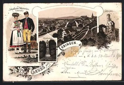 Lithographie Tübingen, Uhlanddenkmal, Burg Lichtenstein, Pärchen in schwäbischer Tracht