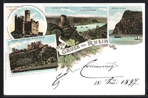 Lithographie St. Goarshausen, Ruine Katz, Ruine Festung Heinfels, Turnberg, Loreley Felsen