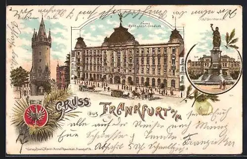 Lithographie Frankfurt, Neues Reichspost-Gebäude, Schützenbrunnen, Eschenheimer Thurm