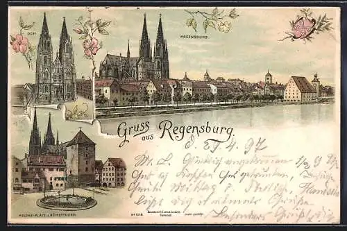 Lithographie Regensburg, Dom, Moltke-Platz mit Römerthurm, Uferansicht