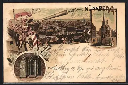 Lithographie Nürnberg, Schöner Brunnen, Panorama, Eiserne Jungfrau