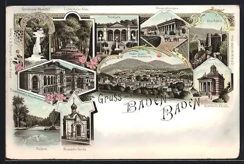 Lithographie Baden-Baden, Trinkhalle, Altes Schloss, Griechische Kapelle, Russische Kirche, Friedrichsbad