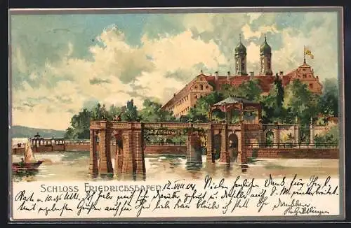 Lithographie Friedrichshafen, Ortsansicht mit Schloss