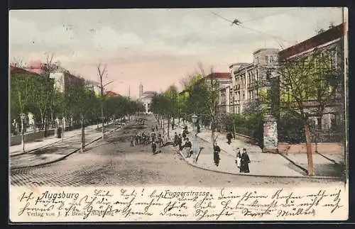 AK Augsburg, Fuggerstrasse mit Litfasssäule