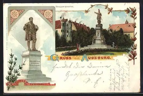 Lithographie Augsburg, Blick auf Fugger-Denkmal und Kriegerdenkmal