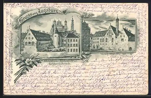 Lithographie Augsburg, Sternkloster mit Rathaus und Perlach