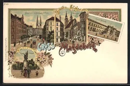 Lithographie Magdeburg, Hauptbahnhof, Strassenbahn in der Augustastrasse, Kriegerdenkmal