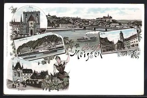 Lithographie Meissen, Burgtor, Dom, Markt, Gesamtansicht