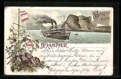 Lithographie Dampfer auf dem Rhein, Wappen