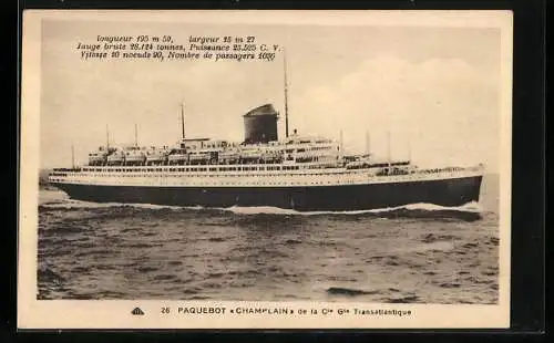 AK Passagierschiff Paquebot Champlain de la Cie Gle Transatlantique bei voller Fahrt