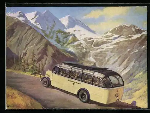 Künstler-AK Postauto fährt über die Grossglockner-Hochalpenstrasse