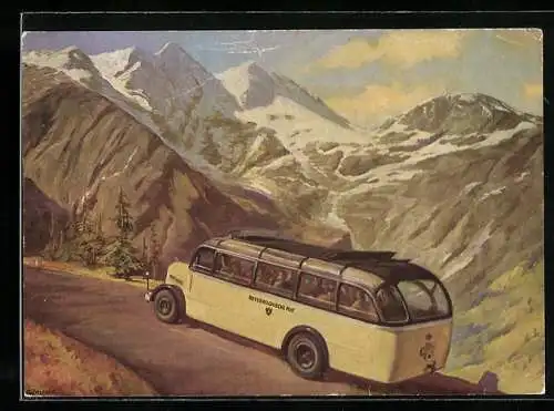 Künstler-AK Mit dem Postauto über die Grossglockner-Hochalpenstrasse, Reisebus