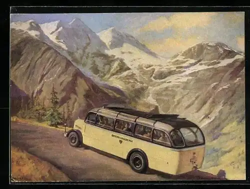 Künstler-AK Mit dem Postauto über die Grossglockner-Hochalpenstrasse, Reisebus