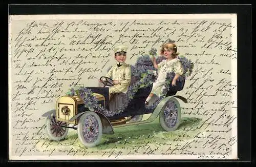 AK Geburtstags-Gratulantin im mit Veilchen geschmückten Auto