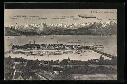 AK Lindau / Bodensee, Zeppelin über dem Ort, Bergpanorama