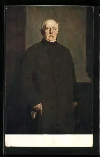 Künstler-AK Otto von Bismarck im langen Mantel mit Gehstock