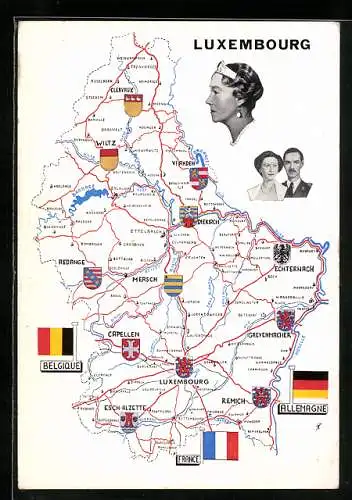 AK Luxemburg, La Grande Duchesse Charlotte von Luxemburg, Le Grand Duc Heritier von Luxemburg, Karte von Luxemburg