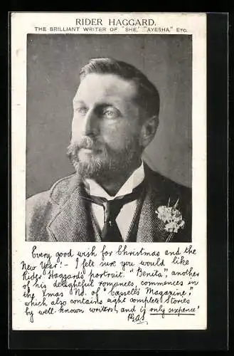 AK Rider Haggard, the brilliant writer of She, Ayesha, etc.