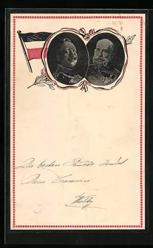 AK Kaiser Franz Josef I. von Österreich und Kaiser Wilhelm II., Reichsflagge