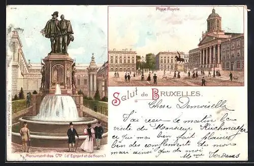 Künstler-Lithographie Brüssel / Bruxelles, Place Royale, Monument des Ctes