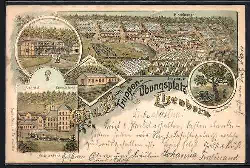 Lithographie Elsenborn, Truppenübungsplatz, Trousch-Baum, Offizier-Casino, Feldeisenbahn