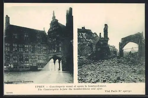 AK Ypres, Concierge avant et après le bombardement